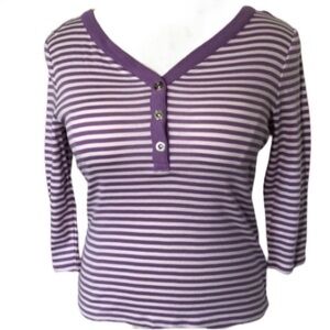 Chaps Knit Top Stripes Cotton Henley V-neck Lavender Purple White Cropped Sleeve